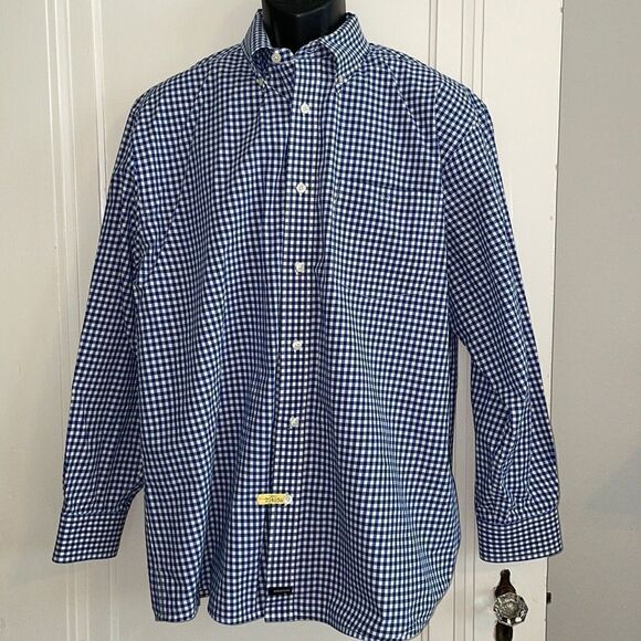 Structure blue, black & white small check cotton long sleeve shirt - Picture 1 of 9